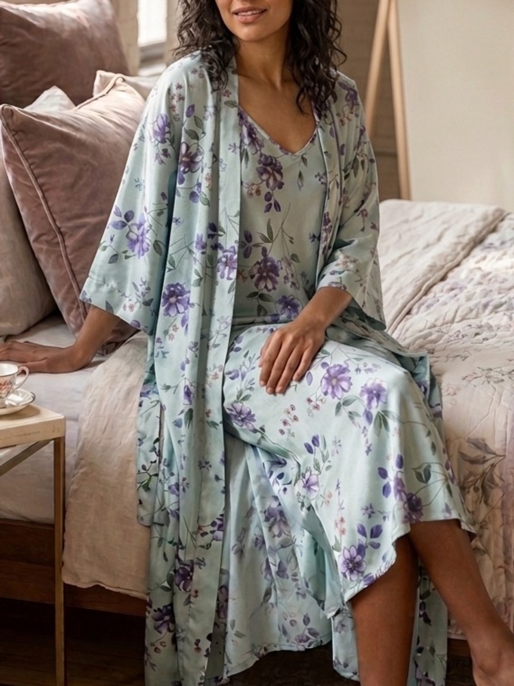 VTG Feminism Romantic Night Gown 90sFloral Mint Green Chemise & Robe Set SzL
